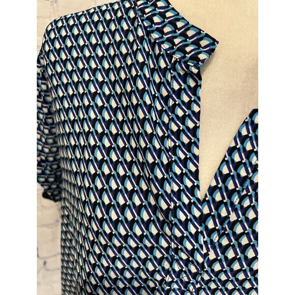 Pleione Blue, Black And White Split V-Neck Short Sleeve Polyester Blouse large - Picture 5 of 8
